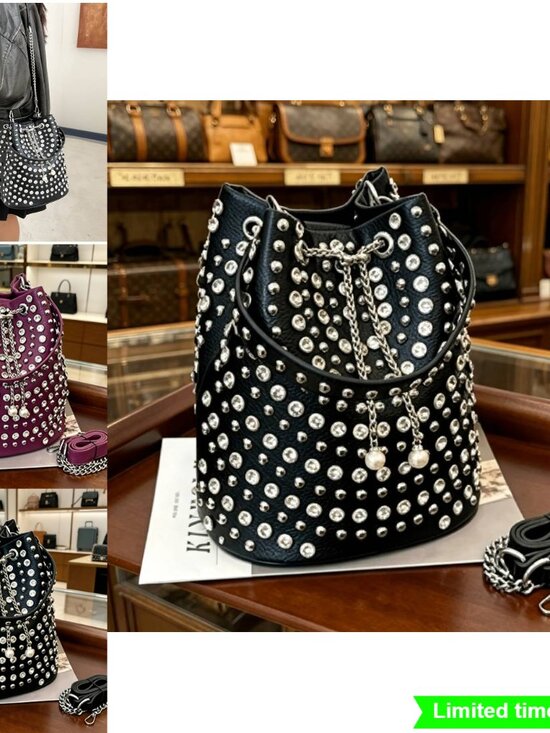 Handbags - Diamond Bucket Bag Black Drawstring Crossbody Bag with Pearl Ornaments Chain